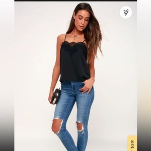Lulus black silky cami with lace detail